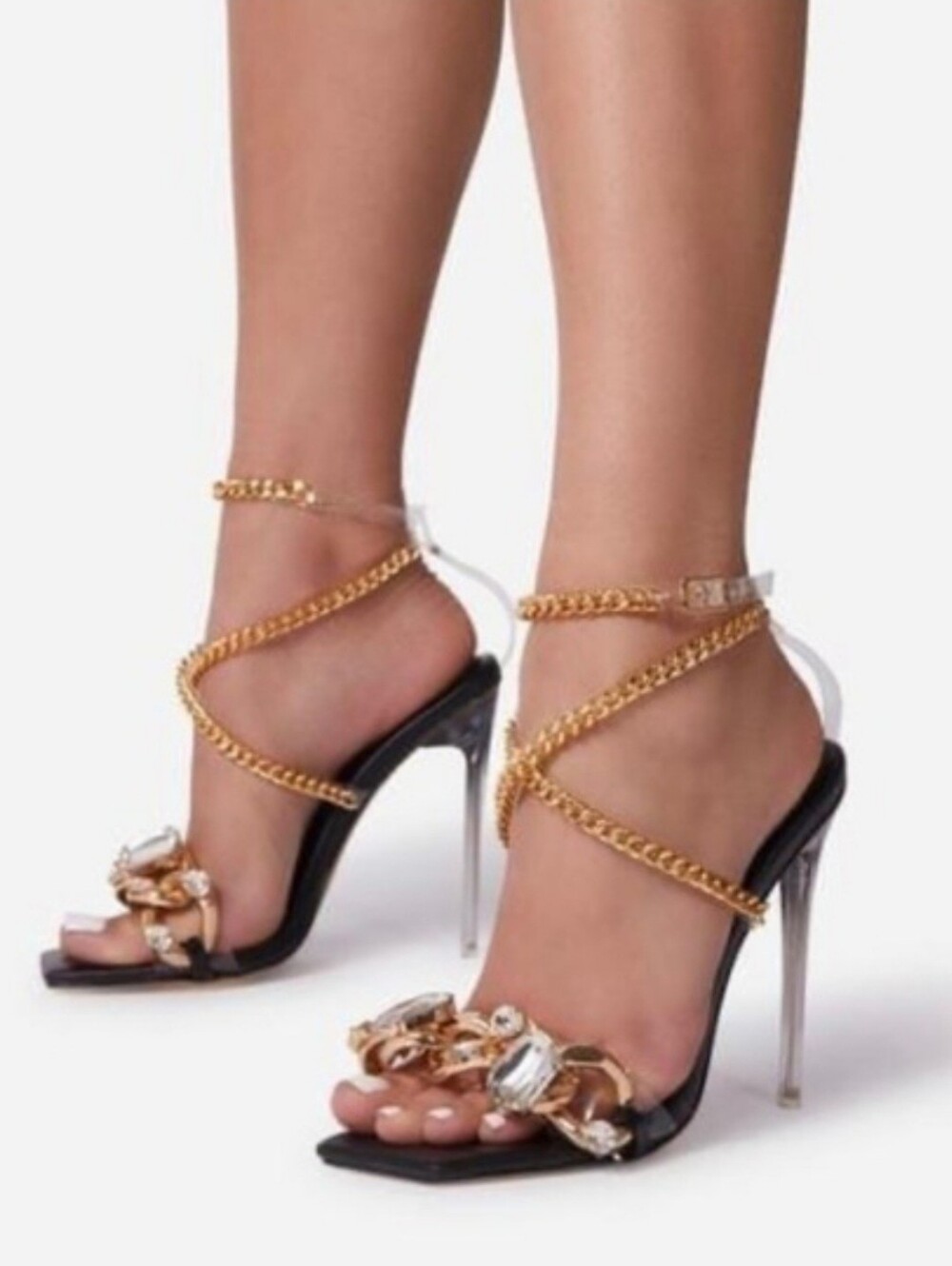 Black Stiletto Sandals with Gold Chain and Crystal Accents
